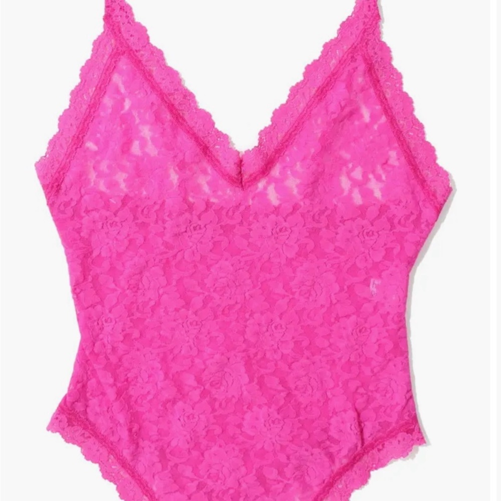 Hanky Panky V Neck Pink Lace Thong Back Bodysuit SZ L /Anthropologie